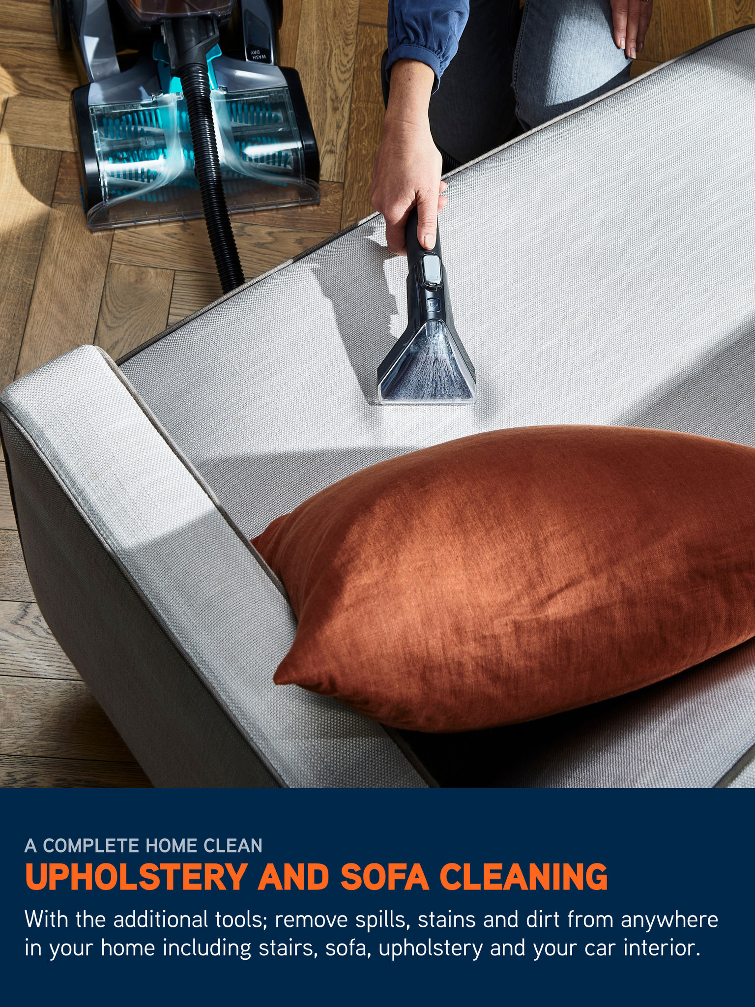 Vax Platinum SmartWash Pet-Design Carpet Cleaner CDCW-SWXP — SpinScrub hand tool on upholstery and stairs